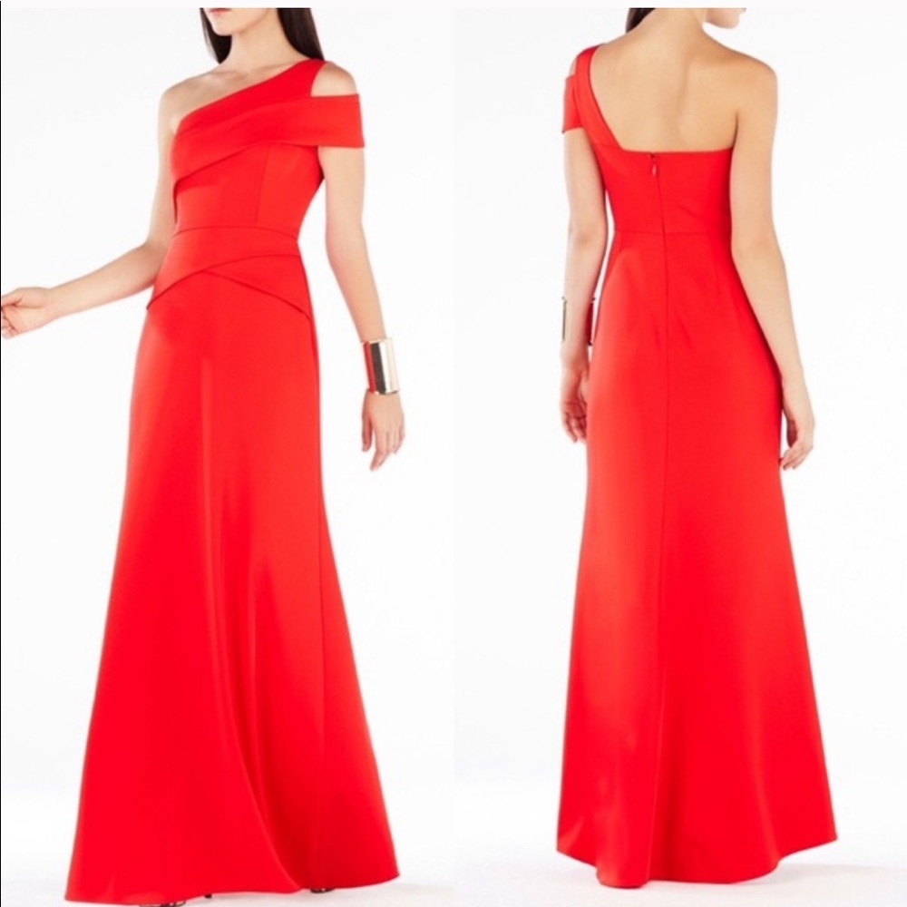 BCBGMaxAzria red one shoulder maxi dress